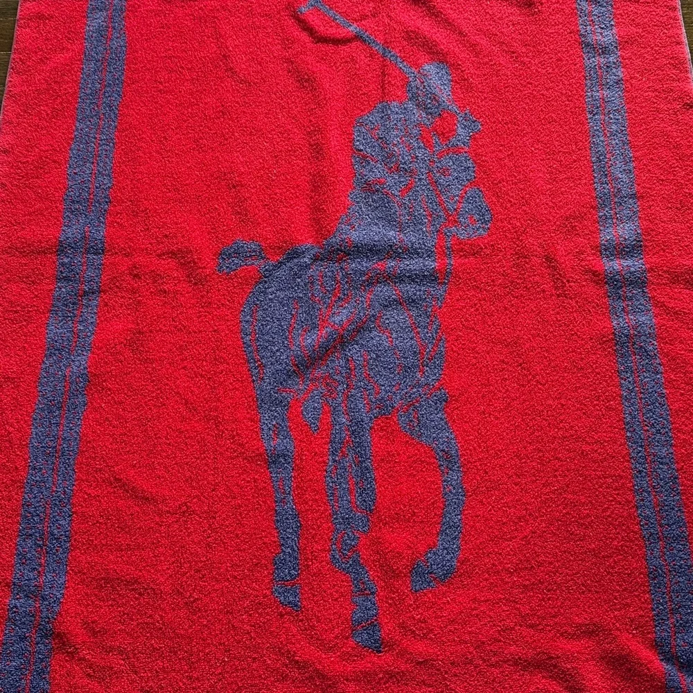 Ralph Lauren Vintage Polo Pony Blue & Red Equestrian Beach Towel - Made in USA